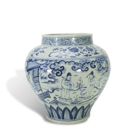 Ming Interregnum Large blue-and-white jar with figure-story
