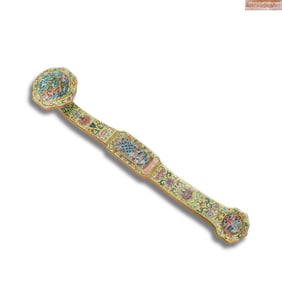 Qianlong period Qing Dynasty Famille rose ruyi scepter on a yellow ground, decorated with Fu-Shou