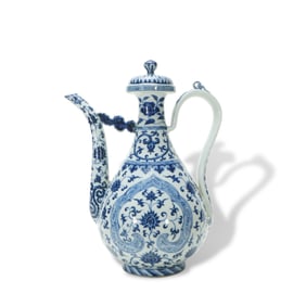 Yongle period Ming Dynasty Blue-and-white ewer with interlocking lotus motifs in ruyi medallions