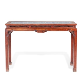 Qing Dynasty Mahogany narrow table inlaid with blue-and-white porcelain panels