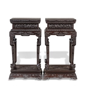 Qing Dynasty Pair of red sandalwood incense tables with high waist moldings and mud bases