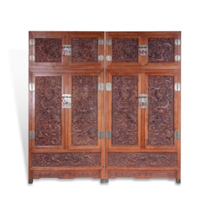Qing Dynasty Pair of huanghuali cabinets with carved dragon motifs and top boxes