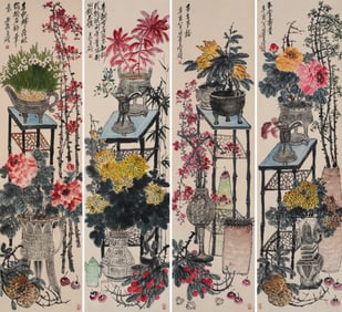 FOUR CHINESE INK-WASH FLOWER PAINTINGS BY WU CHANGSHUO