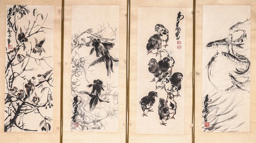 FOUR CHINESE FLOWER-AND-BIRD PAINTINGS BY HUANG ZHOU