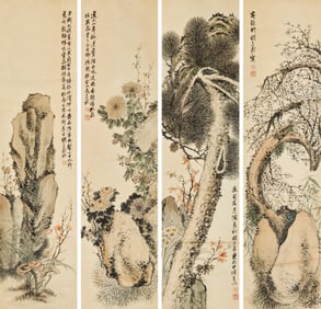 FOUR CHINESE FLOWER PAINTINGS BY HU GONGSHOU