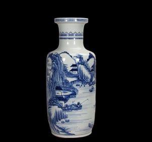 A BLUE AND WHITE LANDSCAPE PATTERN VASE FROM THE QING DYNASTY