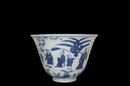 A BLUE AND WHITE FIGURE BOWL FROM THE MING DYNASTY