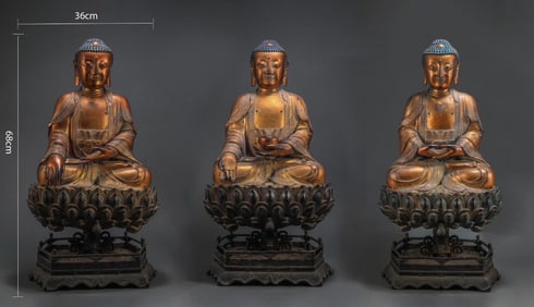 MING DYNASTY GILT BRONZE STATUE OF THE THREE BUDDHAS