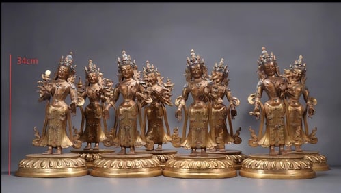 QING DYNASTY GILDED BRONZE FIGURES OF THE EIGHT GREAT BODHISATTVAS