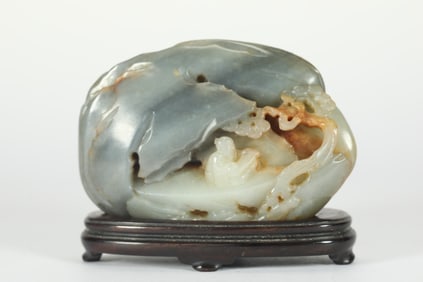 QING DYNASTY HETIAN JADE BLUE AND WHITE FIGURE MOUNTAIN