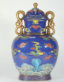 QING DYNASTY BLUE GLAZE CARVED PORCELAIN VASE