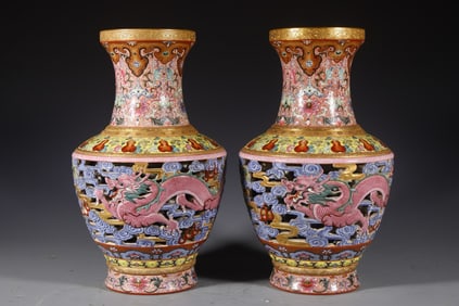 QING DYNASTY ENAMEL HOLLOW DRAGON VASE