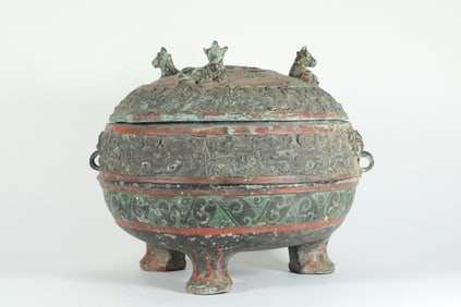 WARRING STATES PERIOD PAINTED BRONZE TRIPOD