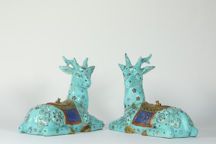 QING DYNASTY TURQUOISE GLAZE INLAID GEM DEER INCENSE BURNER