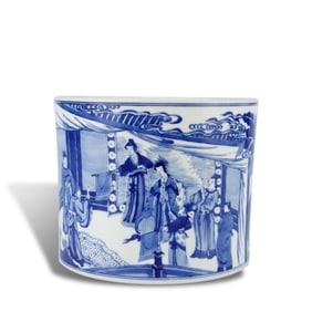 Qing Dynasty Kangxi period Blue-and-white brush pot with "Di Renjie Being Appointed Prime Minister"