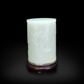 Qing Dynasty Hetian white jade brush pot carved with "Seeking the Hermit but Not Finding Him"