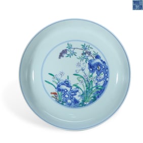 Qing Yongzheng period a Doucai plate with the pattern of immortals celebrating longevity