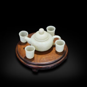 Qing Dynasty Set of Hetian white jade pot and cups carved with floral