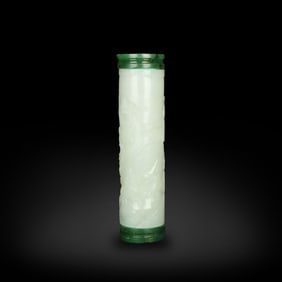 Qing Dynasty Hetian white jade incense tube carved with "scholar under pine tree" design