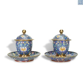 Qianlong period Qing Dynasty Pair of copper-body painted enamel covered cups and saucers with