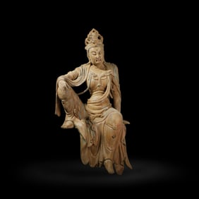 Ming Dynasty or earlier Painted wood carving statue of Guanyin in the Water-Moon style