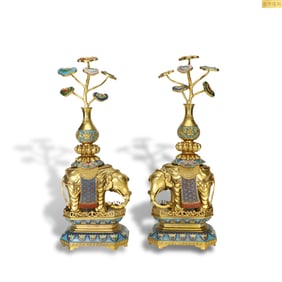Qianlong period Qing Dynasty Pair of gilt-copper cloisonn?? ornaments depicting "Peaceful Elephant"