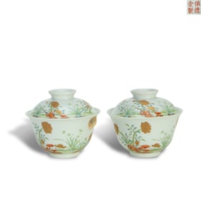 Qing Dynasty Daoguang period, A pair of covered bowls with flower patterns, marked "Shende Tang Zhi"