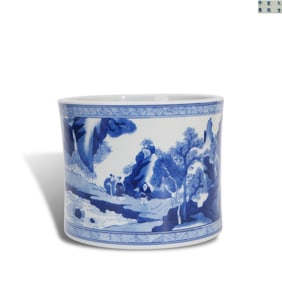 Qing Dynasty Kangxi period, Blue-and-white brush pot with landscape and figure patterns