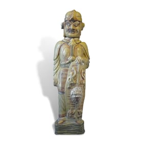 Wei-Jin Dynasties Green-glazed painted pottery warrior figurine with shield