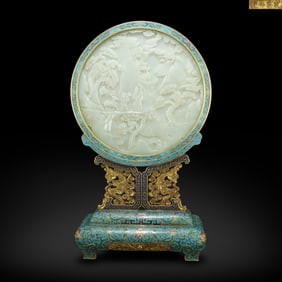 Qing Dynasty Qianlong period,  Hetian white jade table screen carved with "scholar in landscape" and