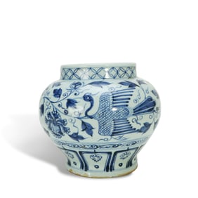 Yuan Dynasty Blue-and-white jar with "phoenix through flower" patterns