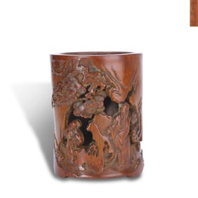 Qing Dynasty Qianlong period, Bamboo-carved brush pot with "scholar under pine tree" and poems,