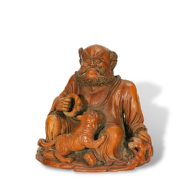 Qing Dynasty Bamboo carving of Arhat Subduing a Tiger