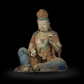 Ming Dynasty or earlier Painted wood carving of free-standing Avalokiteshvara
