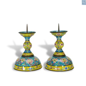 Qianlong period Qing Dynasty Copper-body painted enamel candlestick with scrolling floral