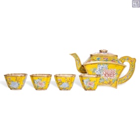 Qing Qianlong period a set of copper-body painted enamel teapot and cups with flower patterns