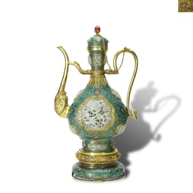Qianlong period Qing Dynasty Gilt-copper cloisonn?? ewer inlaid with white jade, featuring
