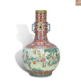 Qing Dynasty Qianlong period, Famille rose double-eared vase with carmine ground and "children at