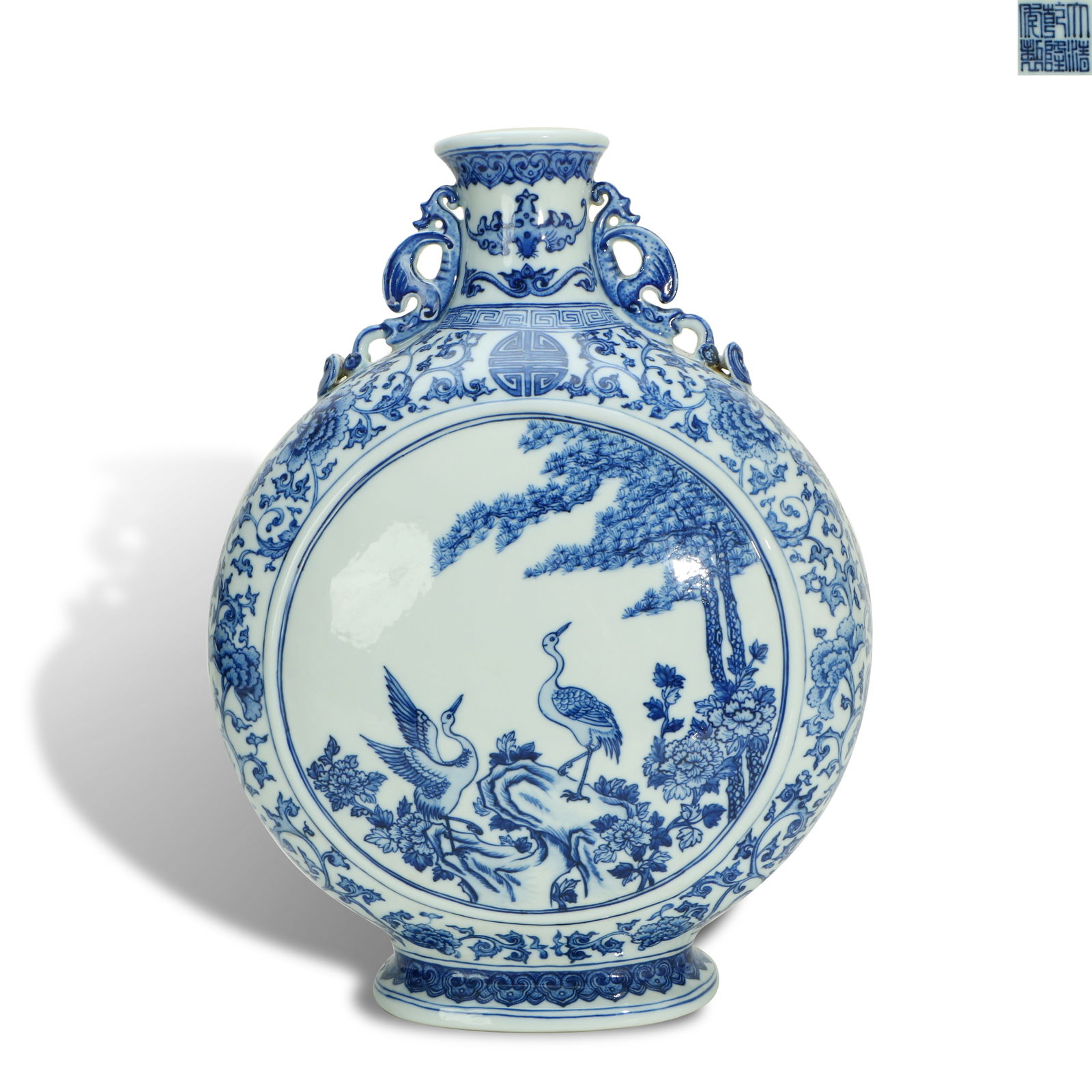 Qing Dynasty Qianlong period, Blue-and-white moon-flask with pine and crane patterns: Name Qing Dynasty Qianlong period, Blue-and-white moon-flask with pine and crane patterns Dimensions H:40.6cm W:30.5cm Condition Additional photographs and Condition reports are provided
