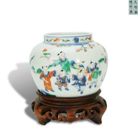 Ming Dynasty Jiajing Period, Blue and White Five-color Infant Playing Picture Jar