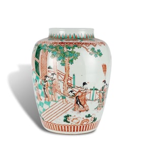 Qing Dynasty Kangxi period, Five-color jar with figure story patterns