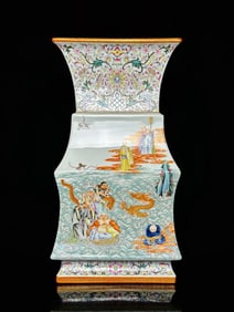 QING DYNASTY FAMILLE ROSE SQUARE GU WITH EIGHTEEN ARHATS
