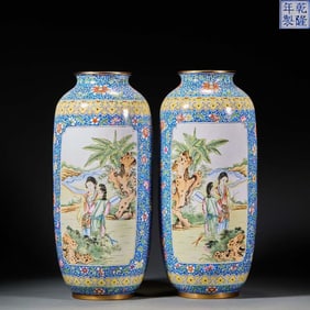 QING DYNASTY COPPER-BASED PAINTED ENAMEL FIGURE LANTERN VASE