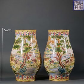 QING DYNASTY COPPER-BASED PAINTED ENAMEL DEER VASE
