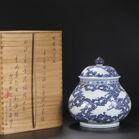 MING DYNASTY BLUE AND WHITE COVERED JAR WITH WHITE SPACE AND CARVED SEA FISH PATTERN