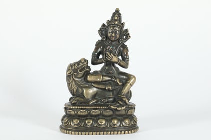 MING DYNASTY COPPER ALLOY INLAID WITH SILVER MANJUSRI BODHISATTVA