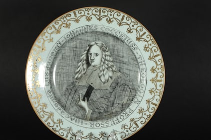 QING DYNASTY INK-PAINTED WESTERN FIGURE PLATE