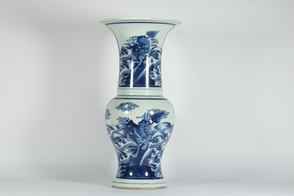 QING DYNASTY BLUE AND WHITE SEA BEAST PHOENIX TAIL ZUN