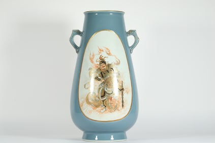 QING DYNASTY DOUQING GLAZE DOUBLE-HANDLED FIGURE VASE