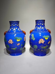 QING DYNASTY BLUE GLAZE ENAMEL PAINTED VASE